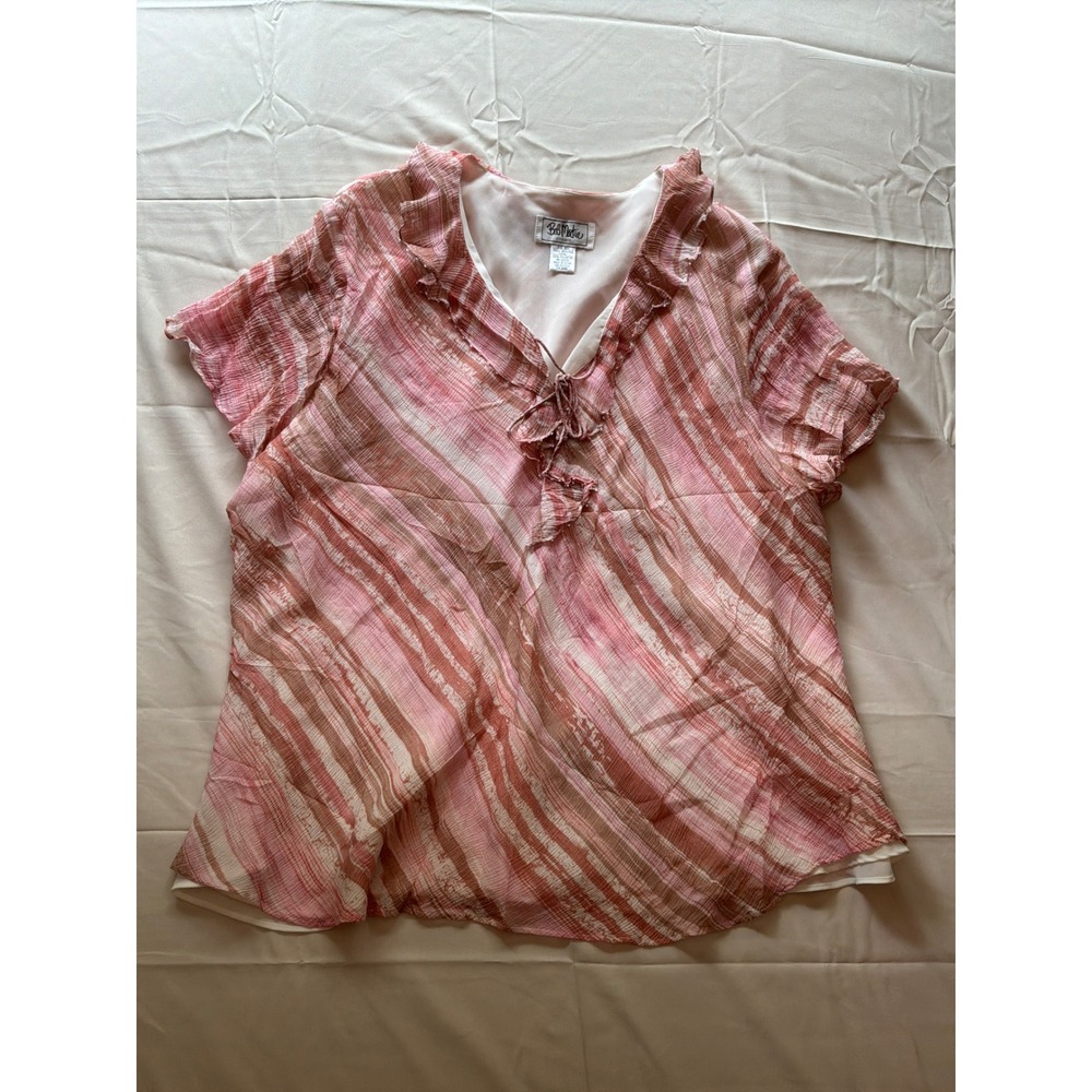 Bob Mackie Studio Silk Blouse Women 20W Pink Ruffle Stripe Coquette Boho